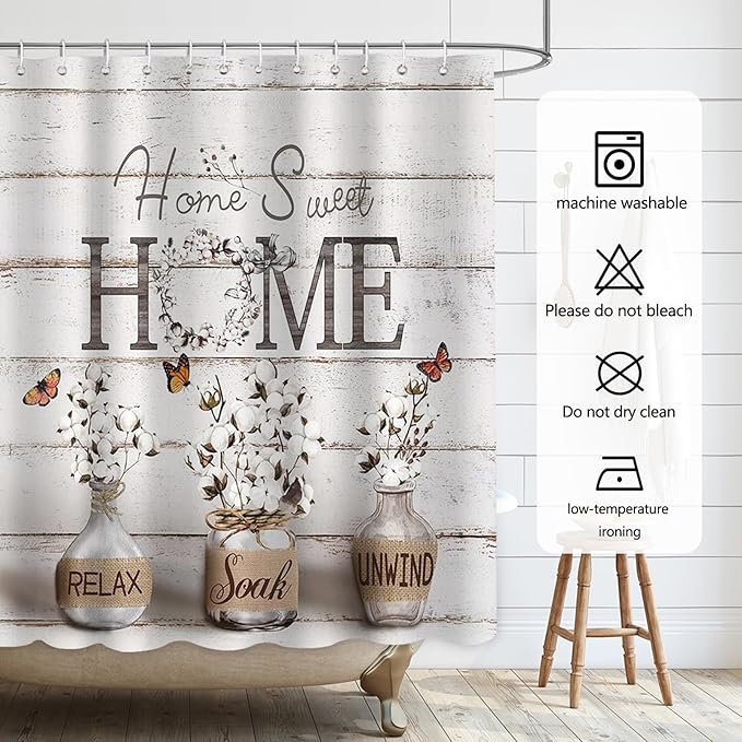 Farmhouse Shower Curtain Cotton Flowers Rustic Bathroom Decor with Waterproof Fabric, Country Style Home Sweet Home Shower Curtains for Vintage Bathroom, 72x72 Inch