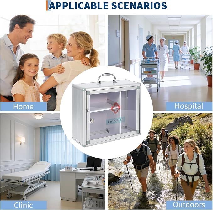 Garvee Medium Lockable Medicine Cabinet with Handle,Protable First Aid Cabinet Wall Mount with Sticker for Bathroom,13.78"×5.51"×11.81",Sliver