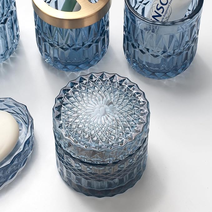 IVAILEX 5PCS Blue Glass Bathroom Accessories Sets of Lotion Dispenser, Soap Dish, Toothbrush Holder, Tumbler, Cotton Swab Jars, Modern Bath Decor, Vintage Gift