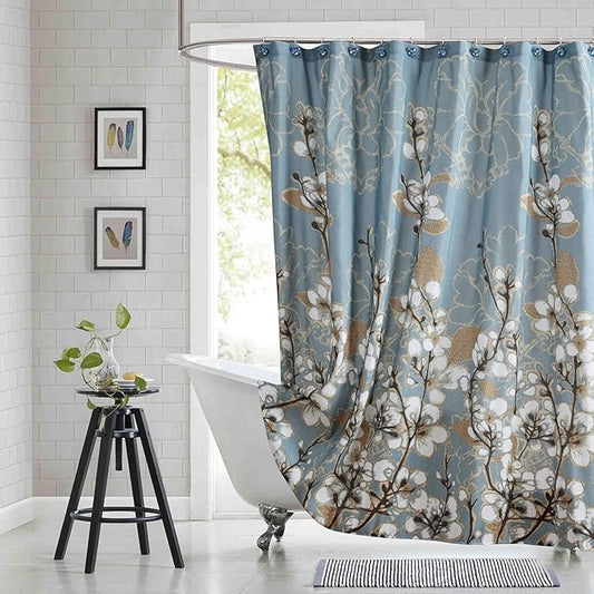 Fabric Floral Shower Curtain, Long Blue Shower Curtain, Plant Branch and Gold Flower Border Print Shower Curtains for Bathroom Decor, 72" W x 78" H