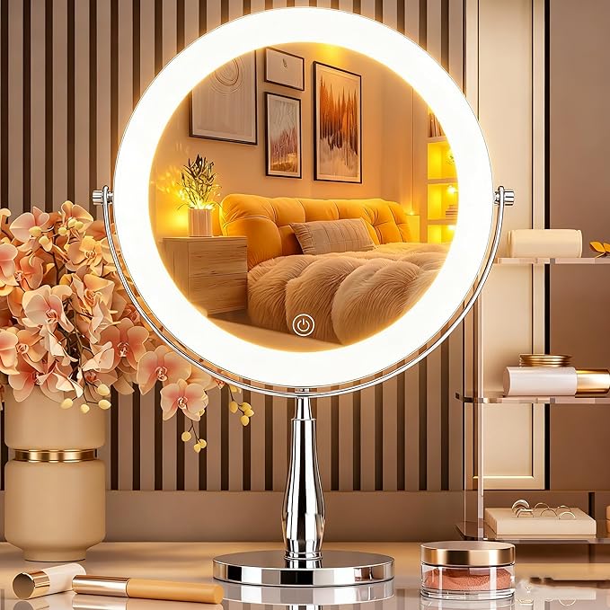 Professional 8" Large Lighted Makeup Mirror with Brighter Lights, 1X/10X True HD Magnifying Mirror with 3 Color Dimmable Lights, 92 Shadowless LEDs, 360°Swivel Seamless Vanity Mirror, Chrome