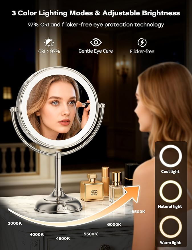 VESAUR 2026 Upgraded 20X lighted makeup mirror with magnification, 9" 1X10X Magnifying Mirror with 3 Color Modes & Adjustable Brightness, 5000mAh Rechargeable Vanity Mirror, 360° Swivel, Nickel, Gifts