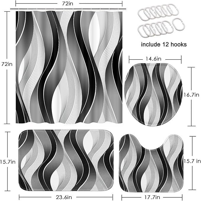 Grey Black Wavy Line Shower Curtain Set with Toilet Lid Cover and Non-Slip Rugs for Bathroom, Abstract Stripes 4 Pcs Shower Curtain, Modern Geometric Bathroom Set with 12 Hooks