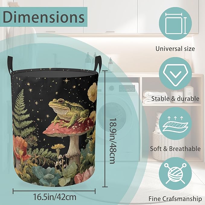 Starry Sky Frog Mushroom Round Laundry Basket Collapsible Laundry Hamper with Handles Toys Clothes Organizer Bin For Home Bathroom Bedroom Dorm Nursery