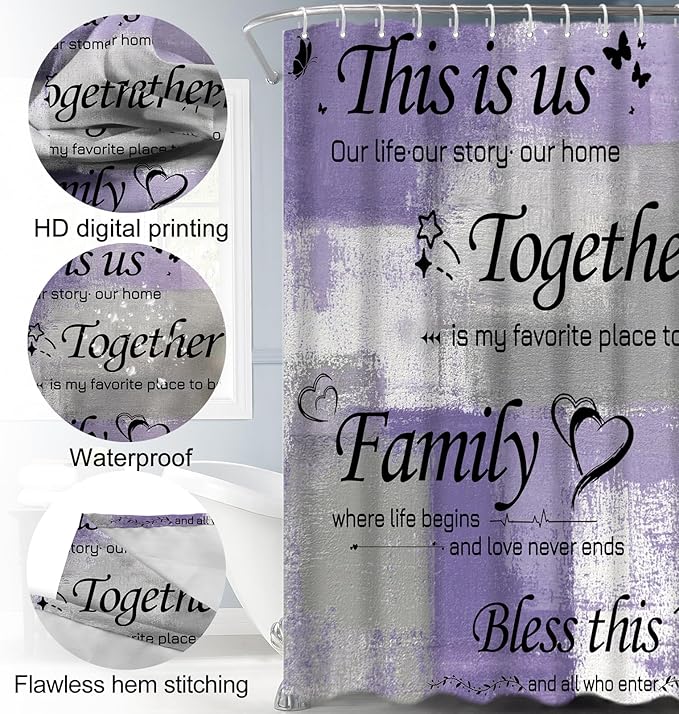 Lnond 4Pcs Bathroom Shower Curtain Sets with Rugs, Purple Grey Motivational Home Family Bathroom Sets with Shower Curtain and Rugs and Accessories