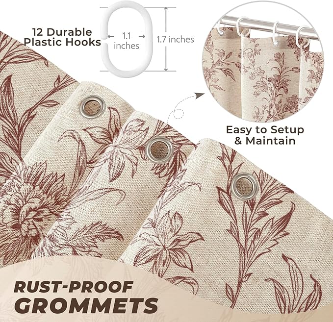 Brown Floral Farmhouse Vintage Linen Shower Curtain, French Country Cottagecore Shower Curtain for Bathroom