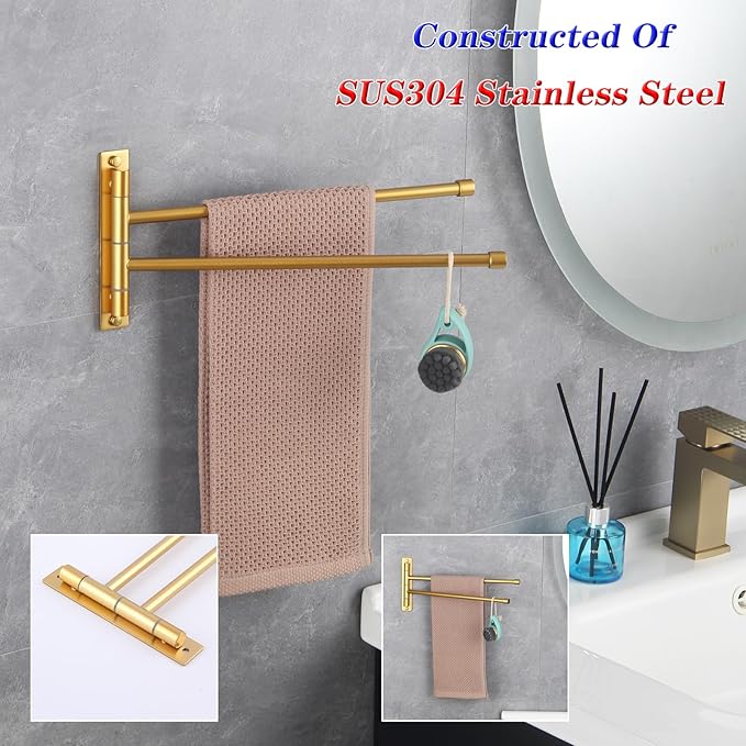 GERZWY Bathroom Swing Arm Towel Bars 2-Arm Wall Mount Stainless Steel Bath Towel Rack Hanger Towel Holder Organizer Gold Finished HYG02-BE