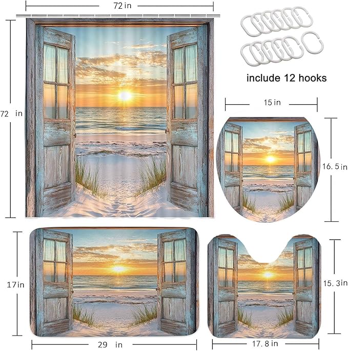 4 Pcs Beach Coastal Shower Curtain Set, Ocean Barn Door Nautical Sunrise Seaside Wave Bathroom Rug Sets, Rustic Wood Teal Turquoise Shower Curtain and Non-Slip Rugs Toilet Lid Cover Bath Mat Decor