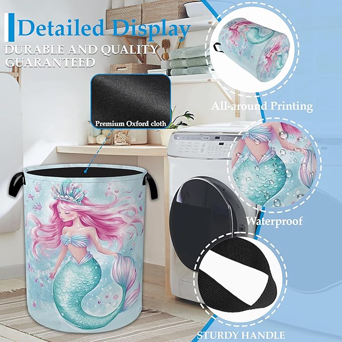Cartoon Mermaid Laundry Basket Collapsible Laundry Hamper Clothes Toy Storage Bin for Bathroom Bedroom Room Decor 16" X 20.8"