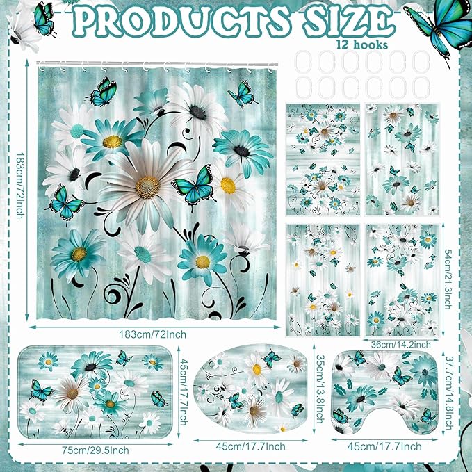 FuWeave 8 Pcs Rustic Farmhouse Shower Curtain Sets for Bathroom Daisy Floral and Butterfly Shower Curtain Sets with Rugs, Flowers Towels, Non-Slip Rug, Toilet Lid Cover, Bath Mat and 12 Hooks(Teal)