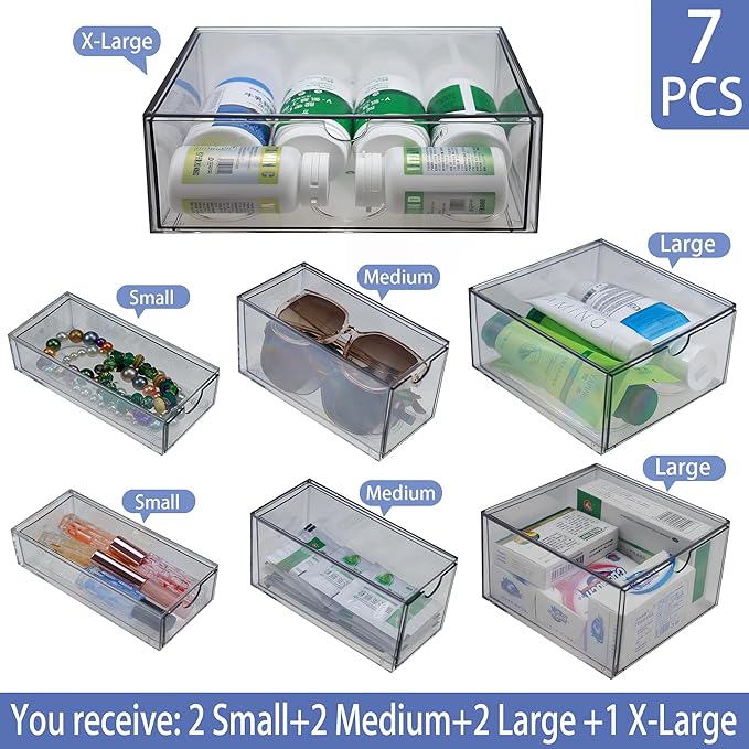 7 Pack Stackable Storage Drawers Acrylic Bathroom Makeup Organizer Clear Plastic Storage Bins for Makeup,Vanity,Pantry,Desk,Undersink,Kitchen