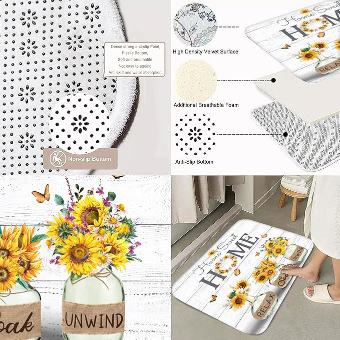 ALEXEX 4 PCS Yellow Sunflower Shower Curtain Set,Home Sweet Bathroom Set with Shower Curtain and Rugs and Accessories,Farmhouse Country Shower Curtain Bathroom Decor with 12 Hooks,72 X 72 Inches