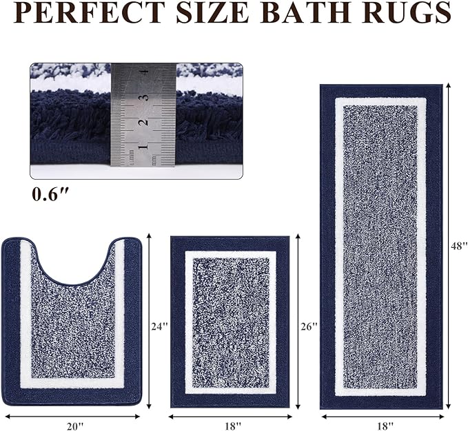 Pauwer 3 Piece Bath Mat Set, Non-Slip Plush Rugs, Absorbent Shaggy Set With U-Shaped Contour Toilet Mat for Bathroom, Bedroom, Living Room, Navy