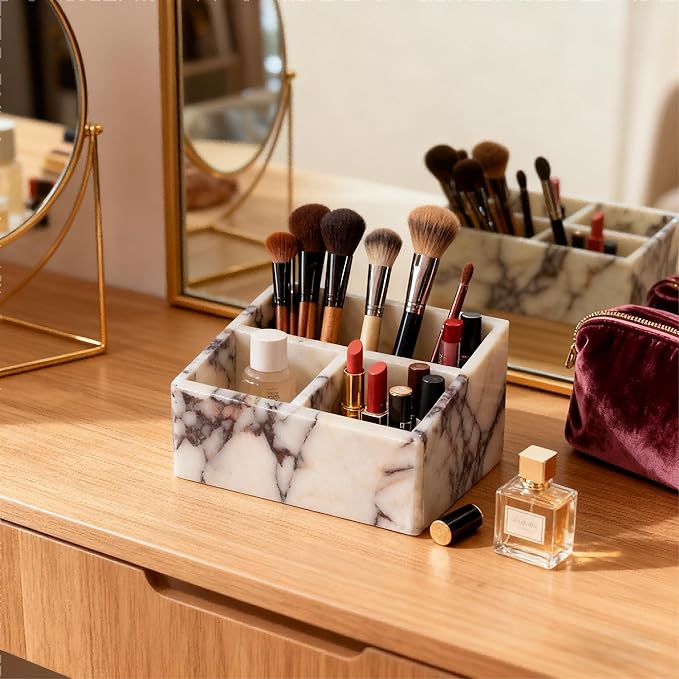 Marble Desk Organizer with 3 Compartments, White and Purple Pattern, Modern Design (White)