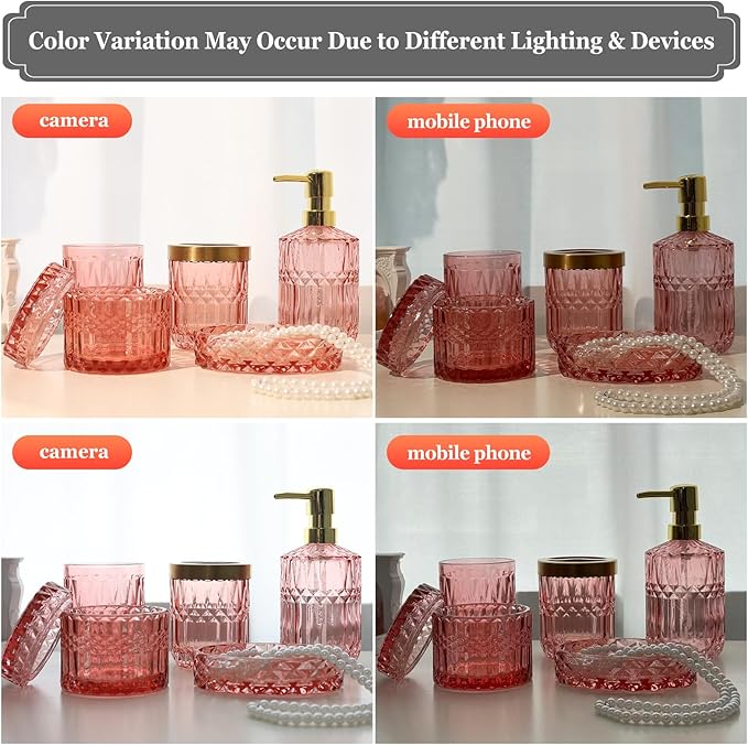 New Pink Glass Bathroom Accessories Set 5 Pcs, Pink Bathroom Set, Soap Dispenser and Toothbrush Holder Set, Qtip Holder Set, Vintage Bathroom Sink Set, Cute Bathroom Decor
