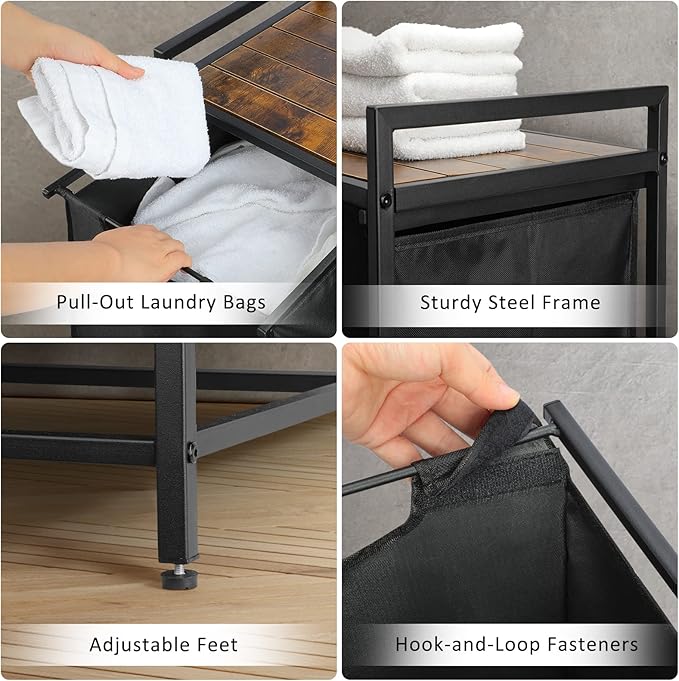 Graciadeco Pull Out Laundry Hamper 3 Compartment Laundry Sorter with Shelf 3 Section Laundry Basket with 3 x 16 Gallons Removable Bags for Laundry Room Bathroom and Dorm, Black