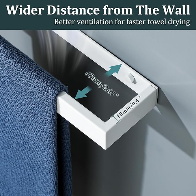 Sayayo White Towel Bar for Bathroom Wall, 8 Inch Hand Towel Holder, Screw or Self Adhesive Towel Ring Square SUS304 Stainless Steel, 3.2 Inch Wider Design