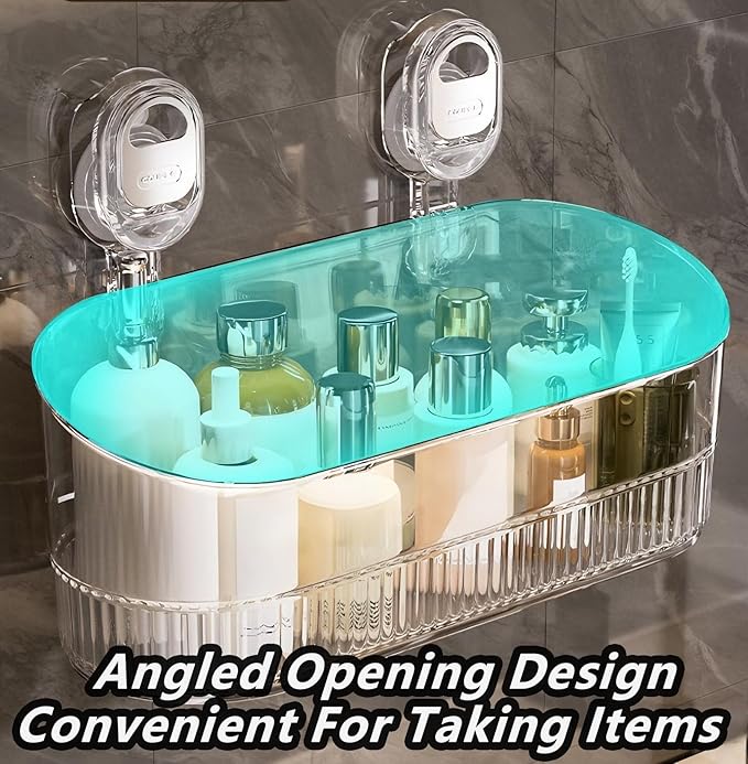 2026 No-Drill Bathroom Suction Storage Box-Large Capacity & Strong Load-Bearing, No Drill Bathroom Shelves, Suction Storage Rack, Removable Hanging Storage Basket, Ripple Acrylic Wall Shelf (2PC-B)