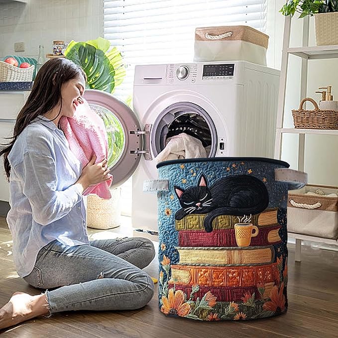 Cute Cat Quilted Laundry Basket with Handles, Boho Floral Fabric Quilted Laundry Basket, Large Soft Collapsible Storage Hamper for Nursery, Bedroom, Bathroom, Clothes & Toy Organization (#02)