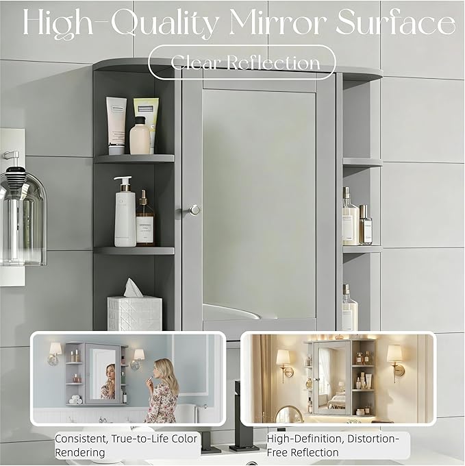 Merax Bathroom Wall Storage Cabinet with Mirror, 26 Inch Medicine Cabinet with Mirror Doors & Adjustable Wood Shelf, Space-Saving Modern Mounted Storage Cabinets with 6 Open Shelves, Gray
