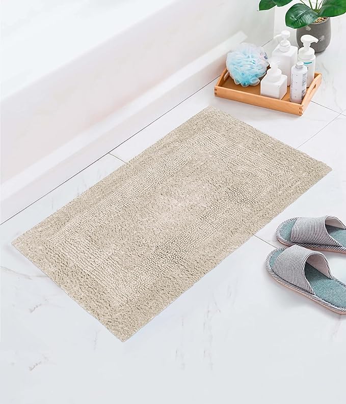 COTTON CRAFT Luxurious Bath Mat Rug - Set of 2 Reversible Heavyweight Step Out Bath Mats for Bathroom Floor, Tub and Shower - Pure Cotton Soft Plush Absorbent Tufted Racetrack Mat - 17x24 inch - Linen
