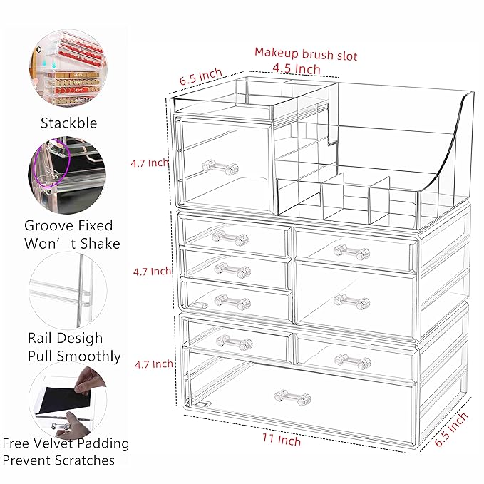 Cq acrylic 3 Pack Clear Make up Organizer Countertop,Stackable 9 Drawers Makeup Storage,Cute Vanity Organizers for dresser Hair Clip,Jewelry,Beauty Product Desk and Bathroom Organizers and Storage
