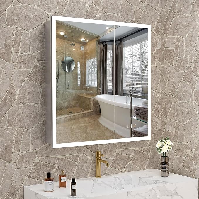 30" x 32" Bathroom LED Medicine Cabinet, Lighted Mirror with 3-Color Lights, Defogger, Stepless Dimming, Large Storage, Double Door