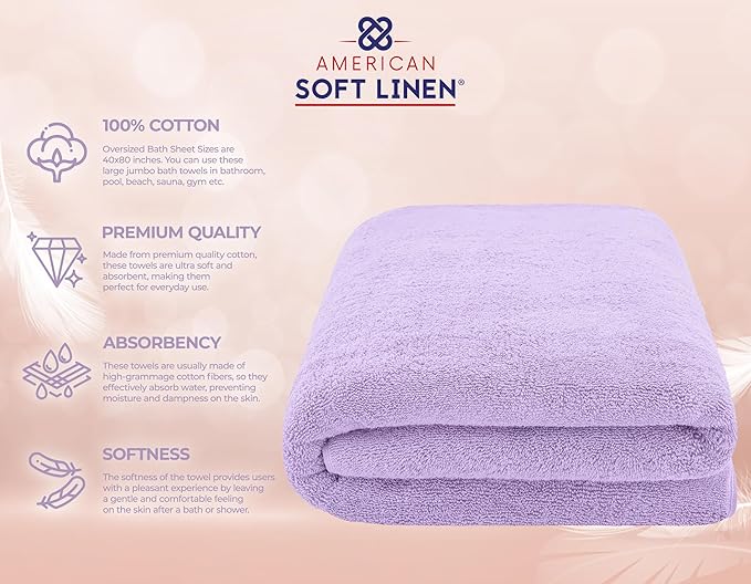 American Soft Linen 100% Cotton 600 GSM Turkish 40x80 Oversized Bath Towel Sheet, Extra Large Adult Towels for Bathroom, Lilac Bath Sheet