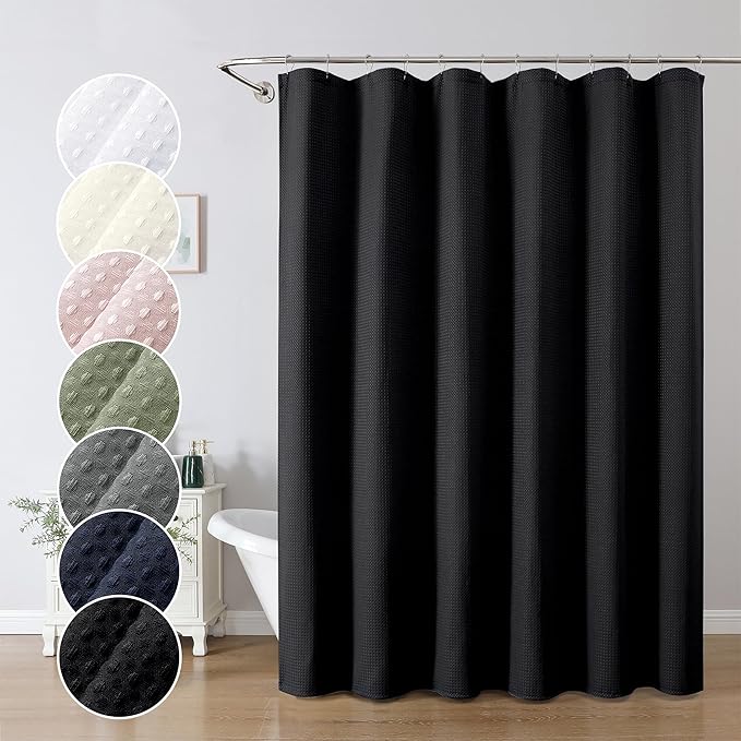 OWENIE Black Waffle Weave Fabric Shower Curtain, Textured Heavy Cloth Shower Curtains for Bathroom, Water Repellent Soft Hotel Spa Luxury Elegant Bath Curtain, Machine Washable, Black, 72x78 Inch
