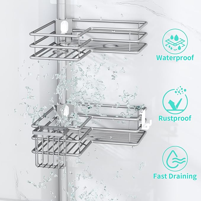 HapiRm Corner Shower Caddy Organizer - Shower Organizer Corner with Soap Holder, Toothbrush Holder and 4 Hooks, Rustproof Bathroom Shelf Tension Pole Available for 27.6 to 108.3 Inch - Silver