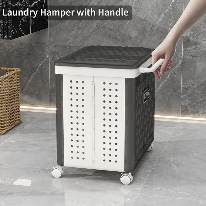 Laundry Hamper with Wheels and Lid, Foldable Clothes Basket for Small Spaces, Rolling Laundry Bin for Laundry Bathroom Bedroom Gym Room