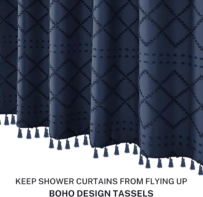Navy Blue Shower Curtain Boho Shower Curtains Fabric, Tufted Chevron Textured Striped Modern Minimalist Cloth Shower Curtain for Bathroom, 72 x 72