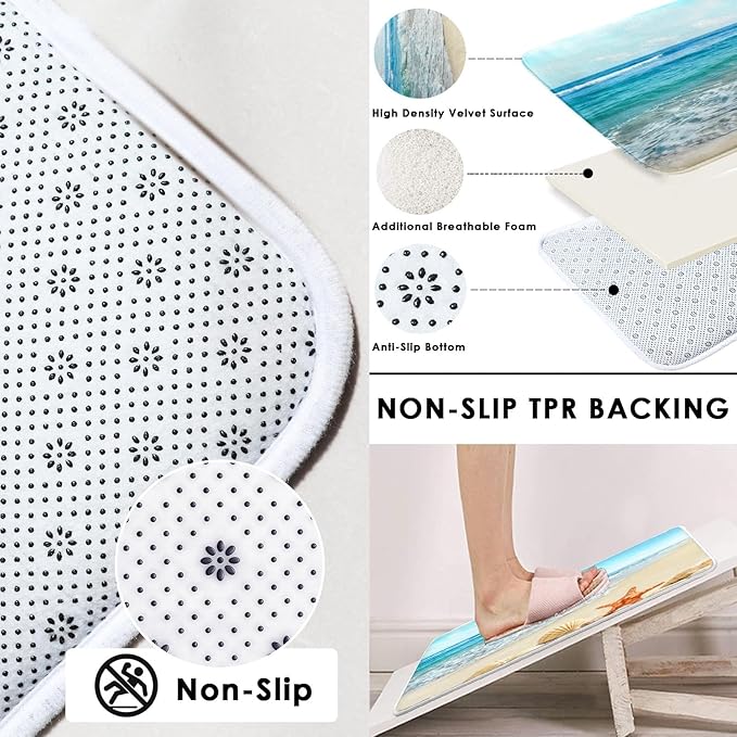 Britimes 4 Piece Shower Curtain Sets, with 12 Hooks, Ocean Summer Sea Starfish Seashell with Non-Slip Rugs, Toilet Lid Cover and Bath Mat for Bathroom Decor Set, 72" x 72"