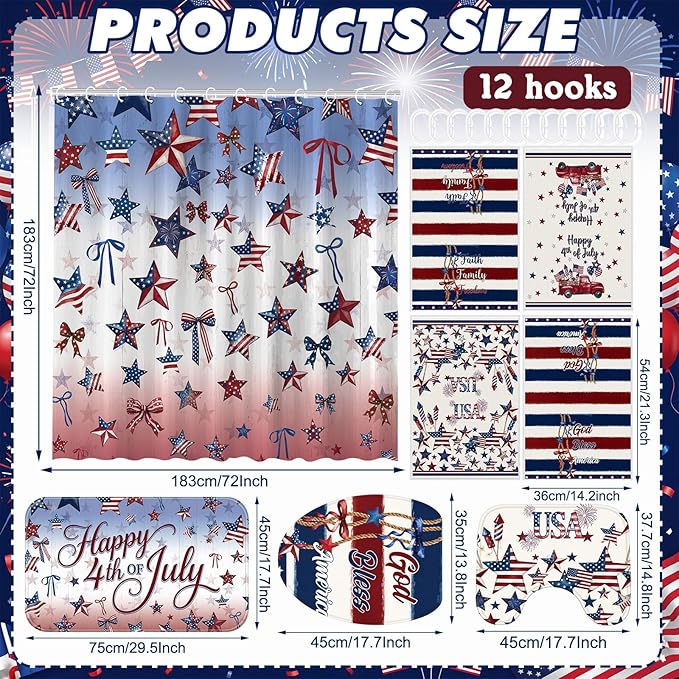 FuWeave 8 Pcs 4th of July Shower Curtain Set for Patriotic Bathroom Decor Include Red White and Blue American Flag Star Pattern Shower Curtain Towel Non Slip Rug Toilet Lid Cover Bath Mat and 12 Hooks