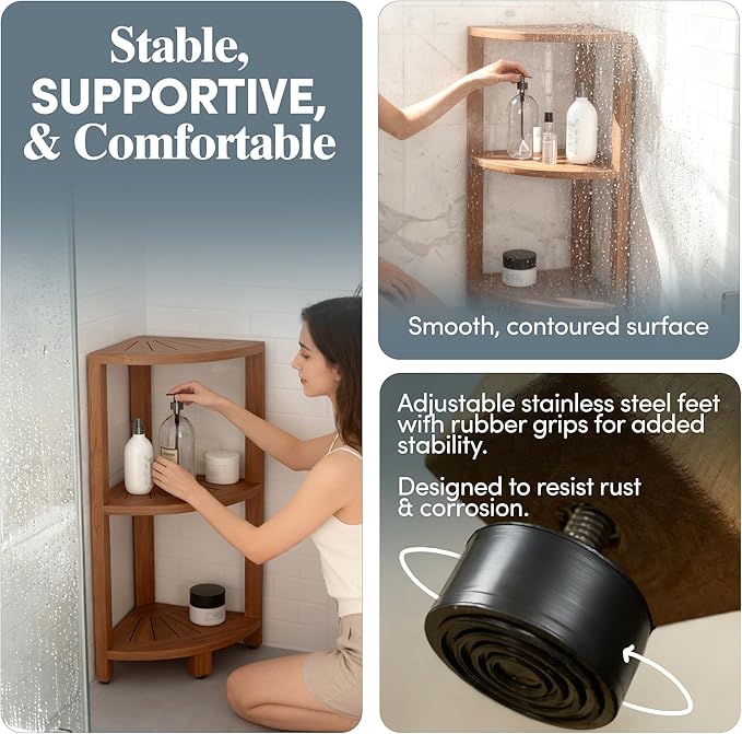 AquaTeak 12" Kai-Petite Teak Corner Shelf Stand - Shower Stand with 3 Tier Shelf for Bathroom - Durable Water Resistant Shower Organizer - Space-Saving Storage Shelves with Anti-Slip Feet