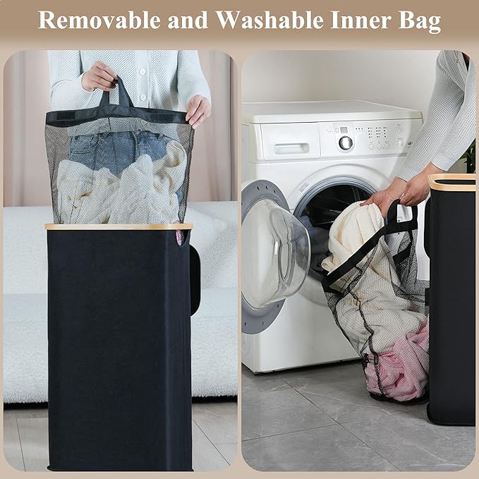 Laundry Hamper with Lid, 110L Large Laundry Basket with Handle, Collapsible Clothes Basket Organizer with Removable 2 Inner Bag for Clothes Toys Towels - Black