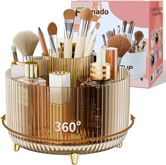 Clear Rotating Makeup Organizer Countertop for Vanity, 360?? Makeup Brush Holder Organizer with 5 Compartments, Transparent Cosmetic Storage for Lipstick, Skincare, Bathroom Counter (Transparent Amber)