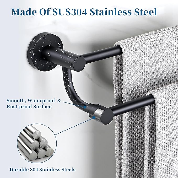 Alise Double Towel Bars,16 Inch Towel Rack for Bathroom, Wall Mount Towel Holder, Quick Drying Towel Hanger SUS304 Stainless Steel Towel Rail, Matte Black, GOY4400-B