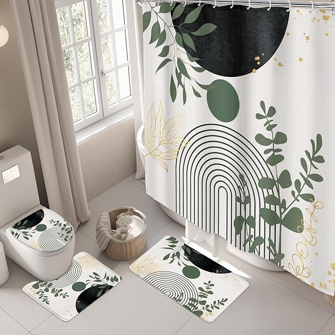 Riyidecor Boho Dark Green 4Pcs Bathroom Shower Curtain Sets Mid Century Abstract Modern Minimalist Bathroom Decor Set with Rugs and Accessories Leaf Toilet Lid Rug, Contour and Bath Mat with 12 Hooks