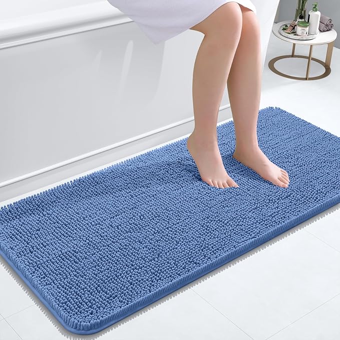 OLANLY Bathroom Rugs 47x20, Extra Soft Absorbent Chenille Bath Rugs, Rubber Backing Quick Dry, Machine Washable Bath Mats for Bathroom Floor, Tub and Shower, Home Decor Accessories, Cornflower Blue