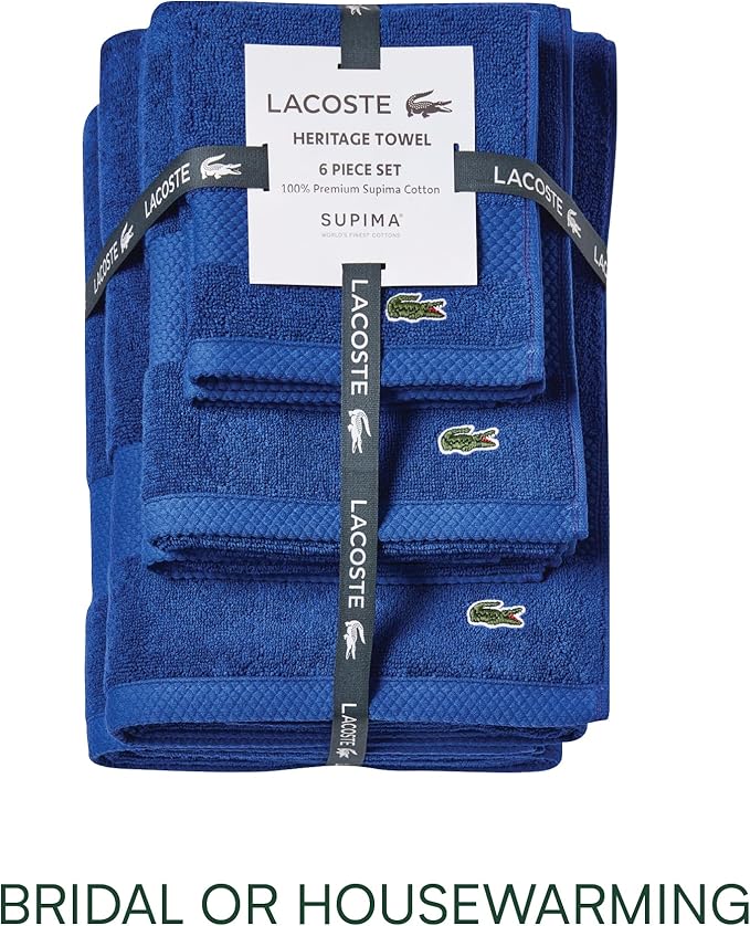 Lacoste Heritage Anti-Microbial Supima Cotton 6-Piece Towel Set, 2 Bath Towels, 2 Hand Towels, 2 Washcloths, Surf Blue – Highly Absorbent & Quick Drying, Bathroom Essential, Machine Washable