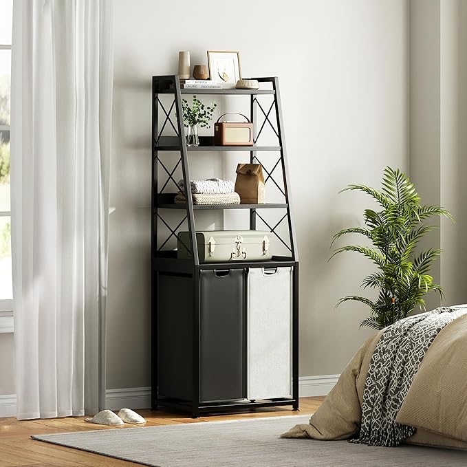 Herture Laundry Basket, 2 Section Laundry Hamper with 4 Tiers Shelf, Pull-Out and Removable Laundry Bags, Large 2 x 15.87 Gallons, for Bedroom Bathroom Black PF11XLK