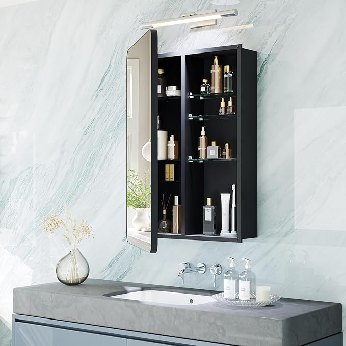 Modern Bathroom Mirror with Storage 16x24 Inch, Matte Black Aluminum Medicine Cabinet, Recessed or Surface Mount, 6 Adjustable Glass Shelves, Waterproof Vanity Organizer, DTC Hinges