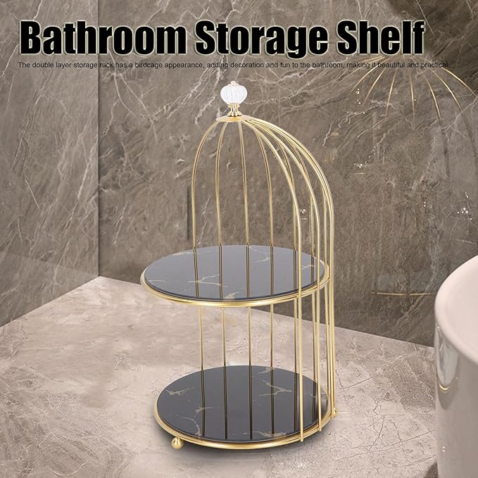 Double Layer Storage Shelf Bird Cage Organizer Display Rack for Bathroom Countertop Dressing Table Gold Frame (Black Base Gold Pattern)