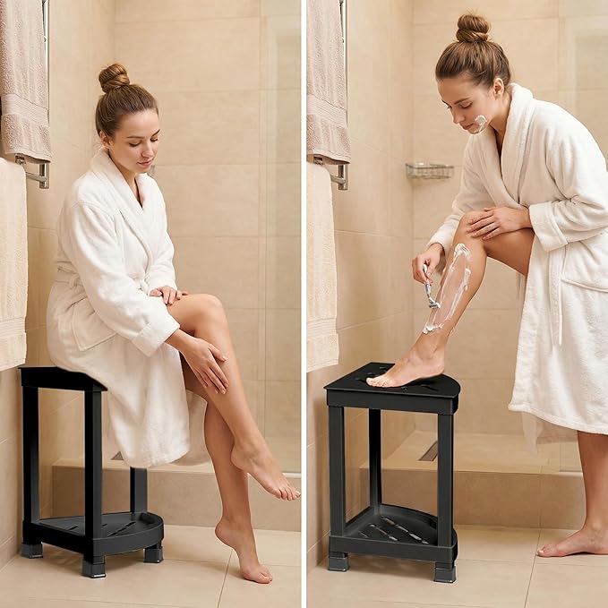 GallopFun Corner Shower Stool for Inside Shower, Waterproof Shower Bench for Shaving Legs, Plastic Anti-Fracture Shower Seat/Foot Rest with Baffle Storage Shelf, Rapid Assembly DIY Shelf (Black)