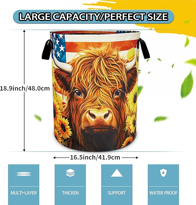 Highland cattle American flag Laundry Basket foldable Oxford Cloth Funny Tote Bag Laundry Hamper Clothes Storage Bucket Toy Organizer For Bathroom/Laundry Storage/Bedroom 18.9x16.5 Inch