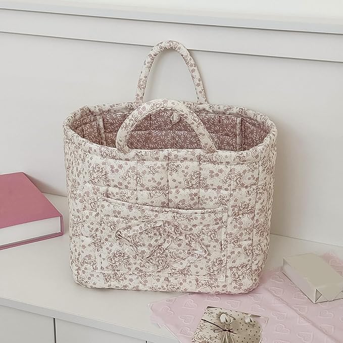 Quilted Storage Basket Boho Fabric Floral Laundry Nursery Basket Folding Quilted Baskets with handles for Car Clothes Toys