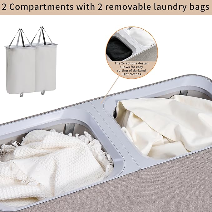 150L laundry hamper with lid, Large-sized Laundry Baskets, Portable 2 Dividers Dirty Clothes Basket with Handles, for Bedroom Laundry Room Closet Bathroom College, Grey