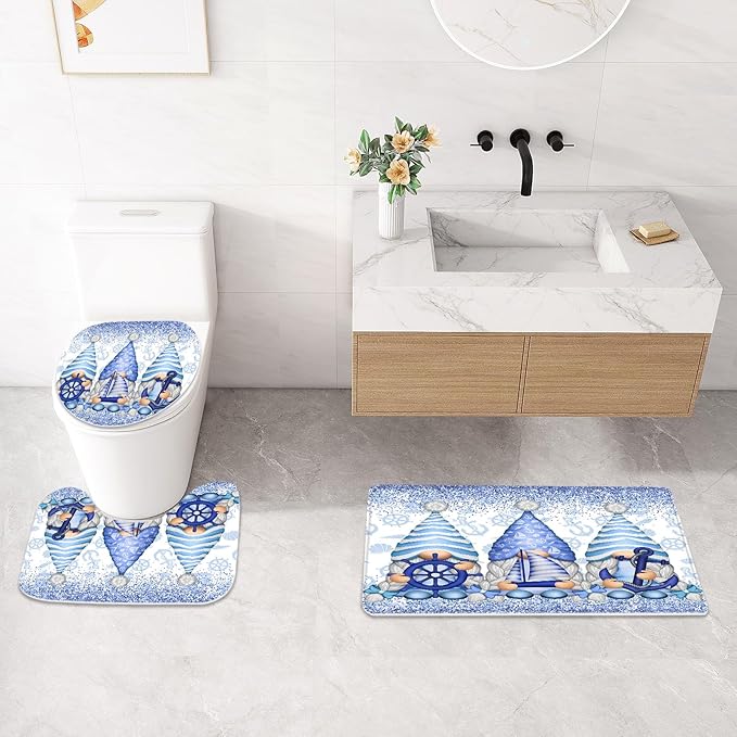 Litabel 4 Pcs Winter Gnomes Shower Curtain Set with Non-Slip Rugs, Toilet Lid Cover and Bath Mat, Nautical Marine Bathroom Decor Set with Shower Curtain and Rugs(Hooks Not Included)