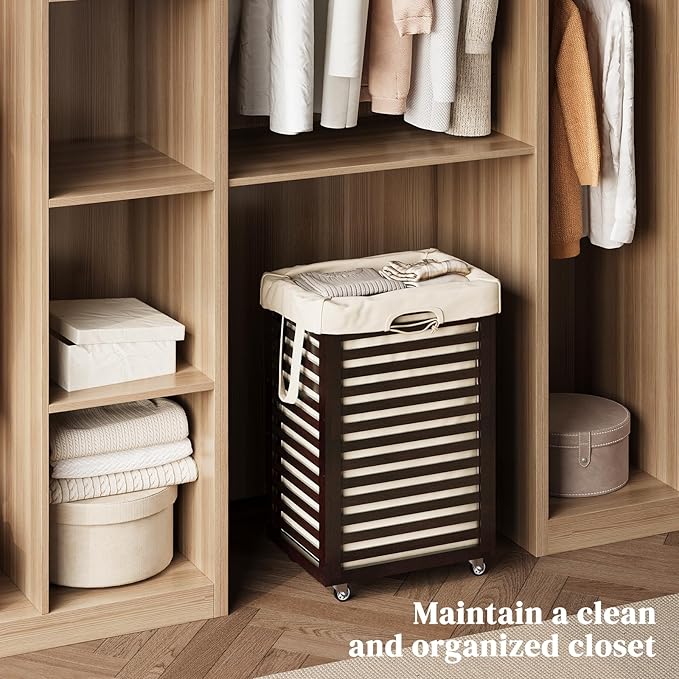 Laundry Hamper with Wheels, Laundry Basket with Liner, 85L Large bamboo Laundry Clothes Laundry Hamper, Liner with Handles, Dirty Clothes Storage Cart For Laundry Room, Dorm, Bedroom, Bathroom(Coffee)